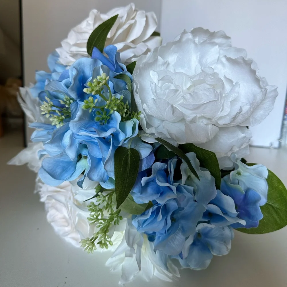 New with Tags Blue & White Artificial Floral Cone Arrangement with Striped Bow